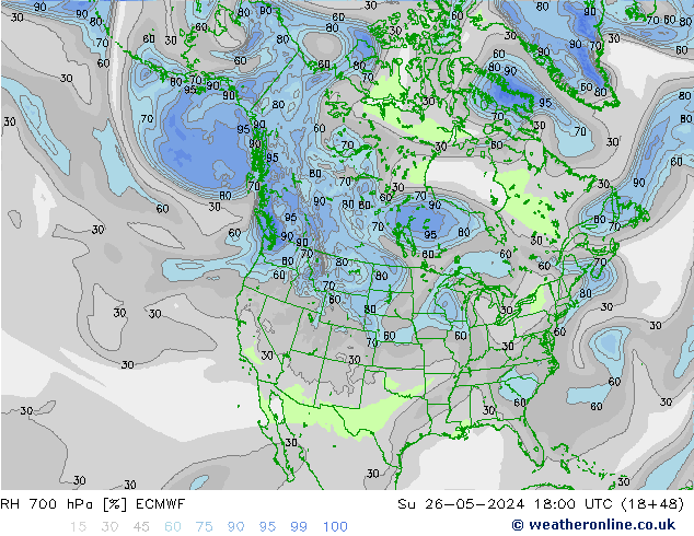 RH 700 hPa ECMWF Su 26.05.2024 18 UTC