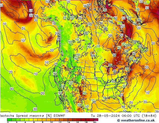 Eşrüzgar Hızları Spread ECMWF Sa 28.05.2024 06 UTC