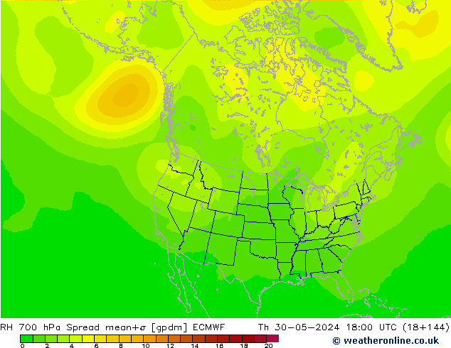 RH 700 hPa Spread ECMWF Čt 30.05.2024 18 UTC