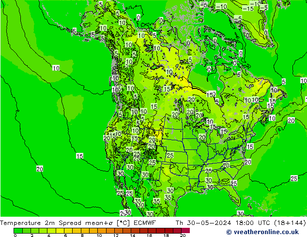 Temperature 2m Spread ECMWF Th 30.05.2024 18 UTC