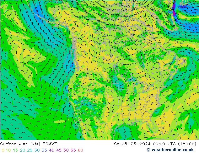 wiatr 10 m ECMWF so. 25.05.2024 00 UTC