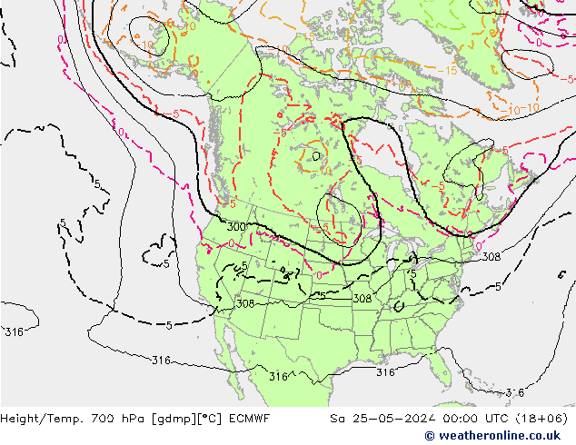 Height/Temp. 700 hPa ECMWF Sa 25.05.2024 00 UTC