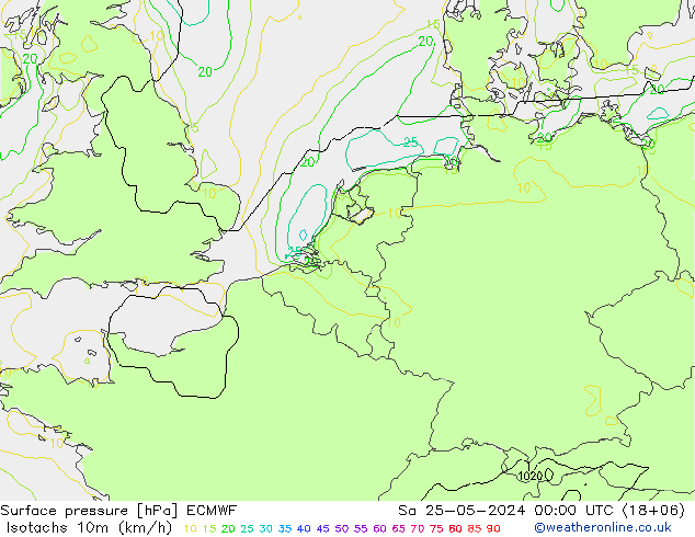 Isotachs (kph) ECMWF sam 25.05.2024 00 UTC