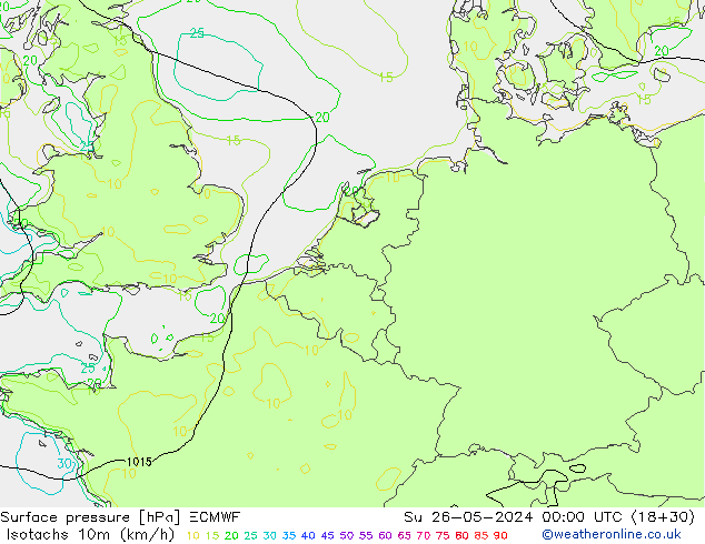 Isotachen (km/h) ECMWF So 26.05.2024 00 UTC