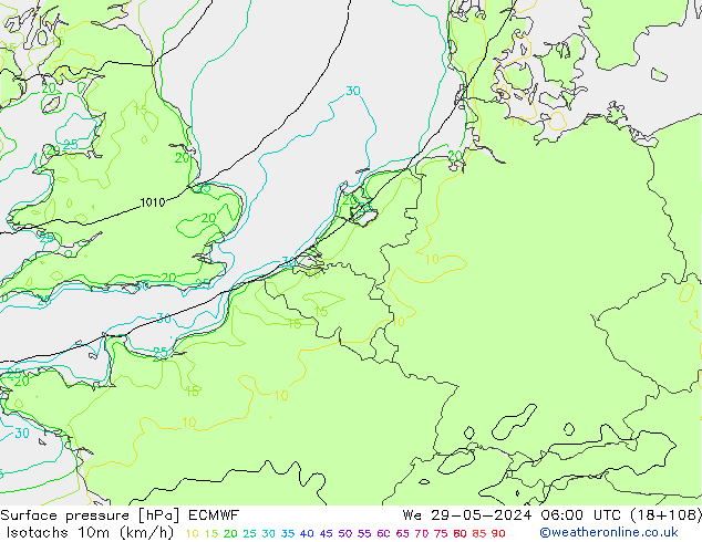 Isotachs (kph) ECMWF Qua 29.05.2024 06 UTC