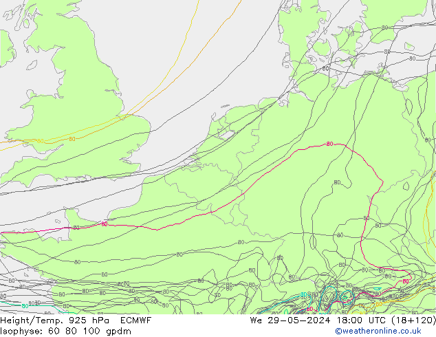 Height/Temp. 925 hPa ECMWF śro. 29.05.2024 18 UTC