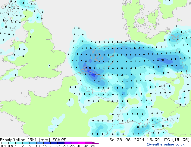 Precipitation (6h) ECMWF Sa 25.05.2024 00 UTC