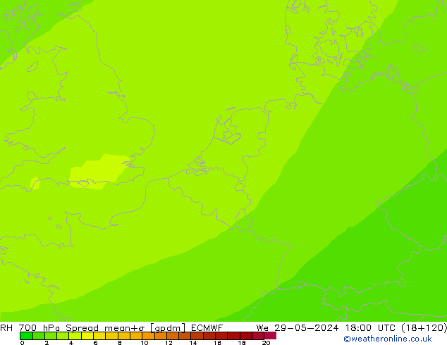 RH 700 hPa Spread ECMWF śro. 29.05.2024 18 UTC