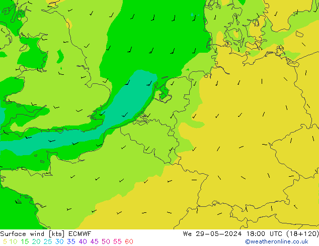 Vento 10 m ECMWF mer 29.05.2024 18 UTC