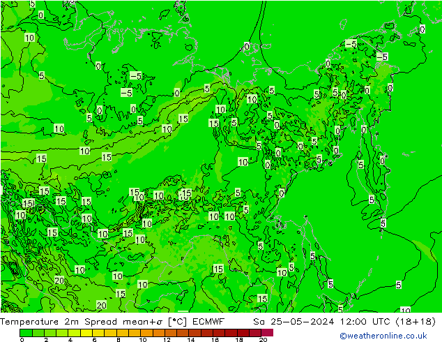 Temperatura 2m Spread ECMWF sab 25.05.2024 12 UTC