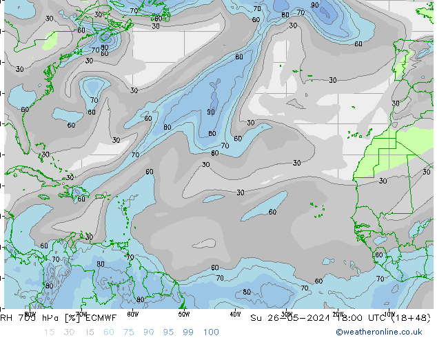 RH 700 hPa ECMWF nie. 26.05.2024 18 UTC