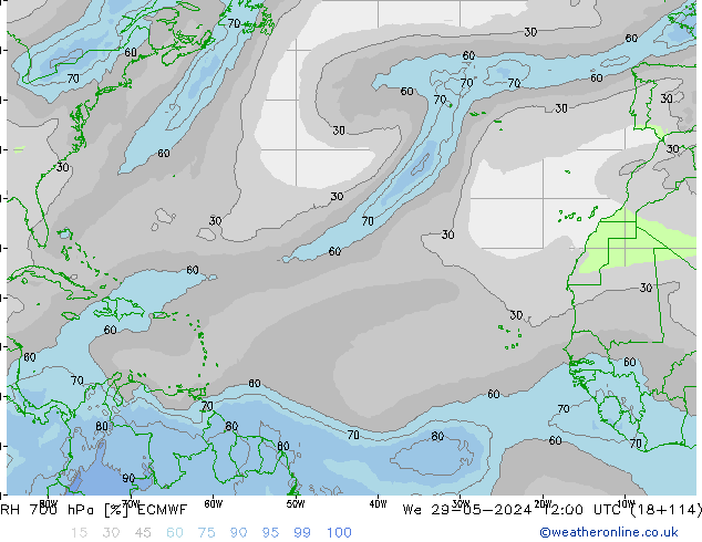 RH 700 hPa ECMWF śro. 29.05.2024 12 UTC