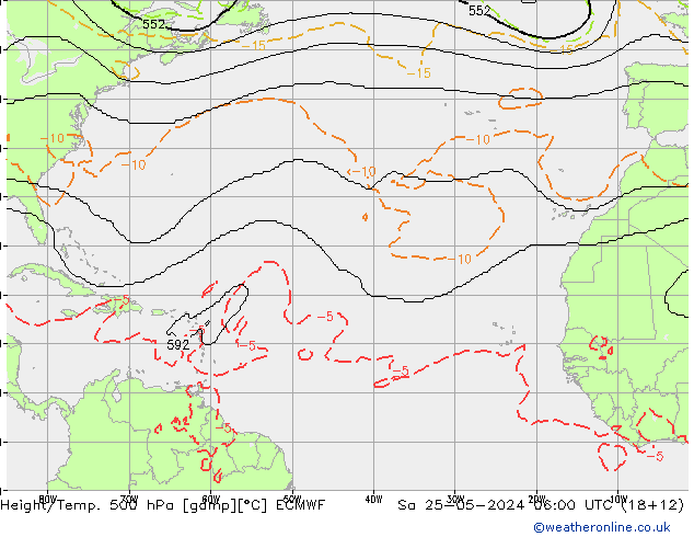 Height/Temp. 500 hPa ECMWF Sa 25.05.2024 06 UTC