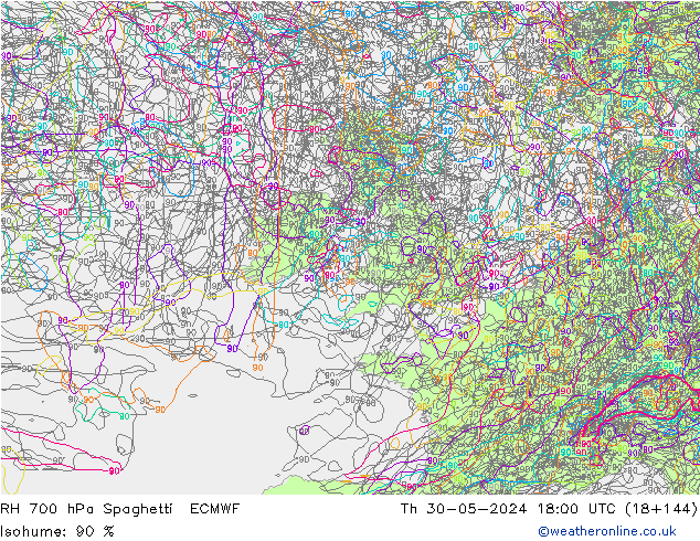 Humedad rel. 700hPa Spaghetti ECMWF jue 30.05.2024 18 UTC