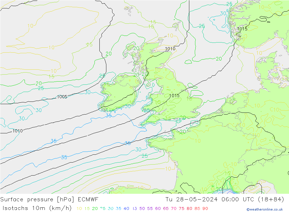 Isotachs (kph) ECMWF Tu 28.05.2024 06 UTC