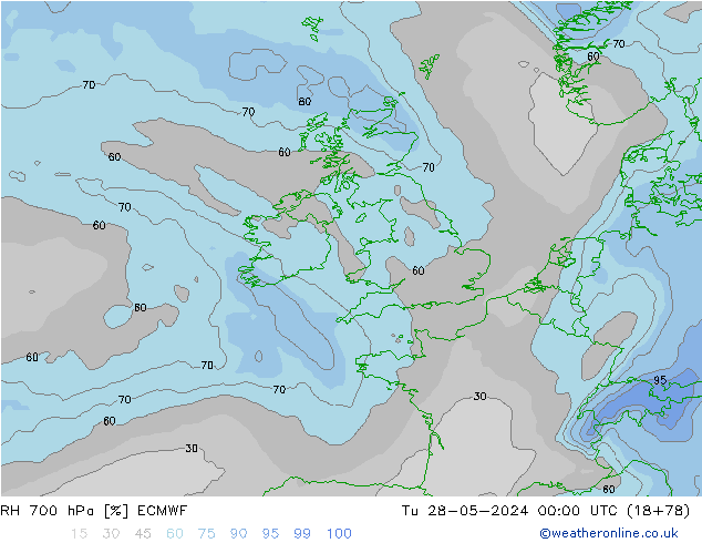 RH 700 hPa ECMWF mar 28.05.2024 00 UTC