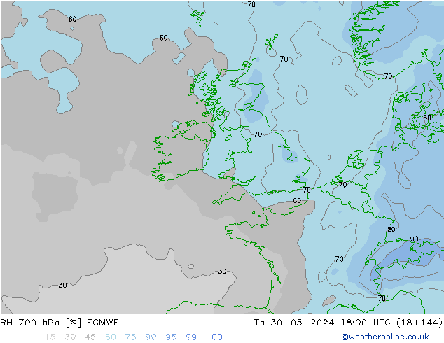 Humedad rel. 700hPa ECMWF jue 30.05.2024 18 UTC