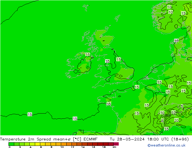 Temperature 2m Spread ECMWF Tu 28.05.2024 18 UTC