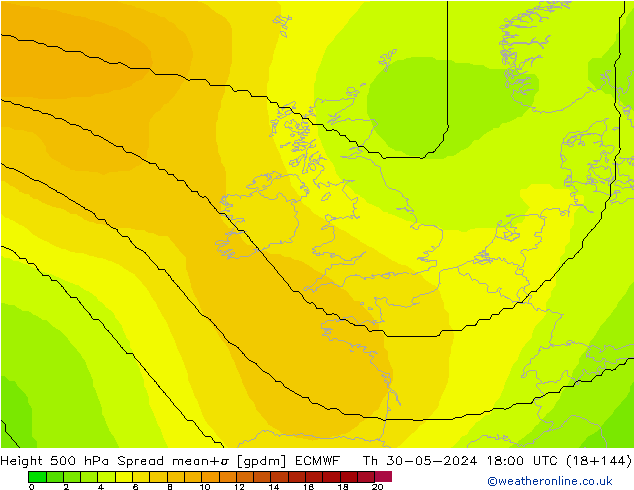 Hoogte 500 hPa Spread ECMWF do 30.05.2024 18 UTC