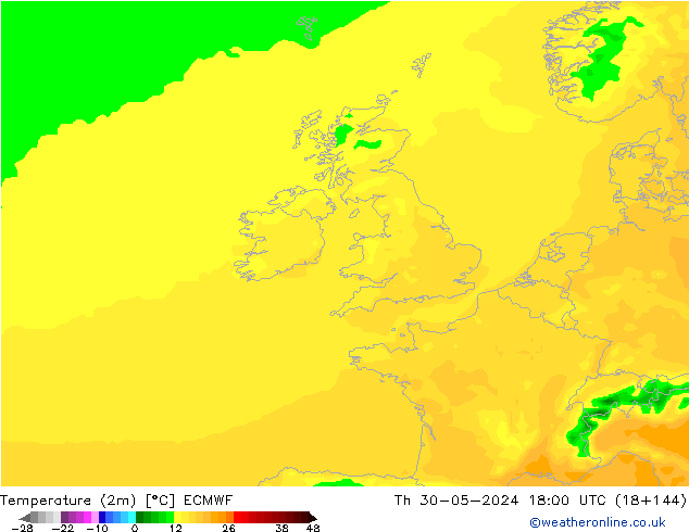 Temperatuurkaart (2m) ECMWF do 30.05.2024 18 UTC