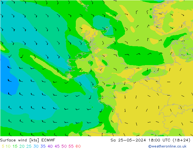 wiatr 10 m ECMWF so. 25.05.2024 18 UTC