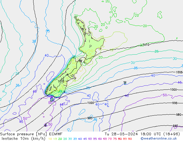 Isotachs (kph) ECMWF Tu 28.05.2024 18 UTC