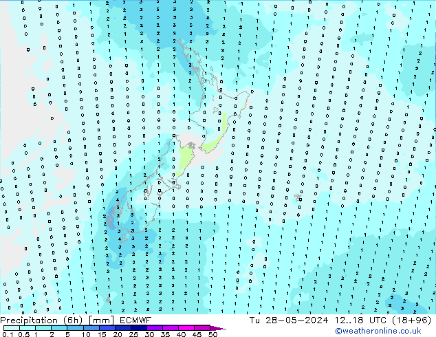 Totale neerslag (6h) ECMWF di 28.05.2024 18 UTC