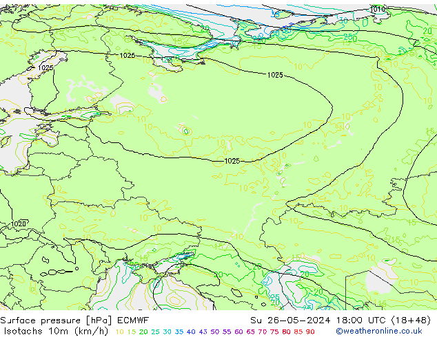 Eşrüzgar Hızları (km/sa) ECMWF Paz 26.05.2024 18 UTC