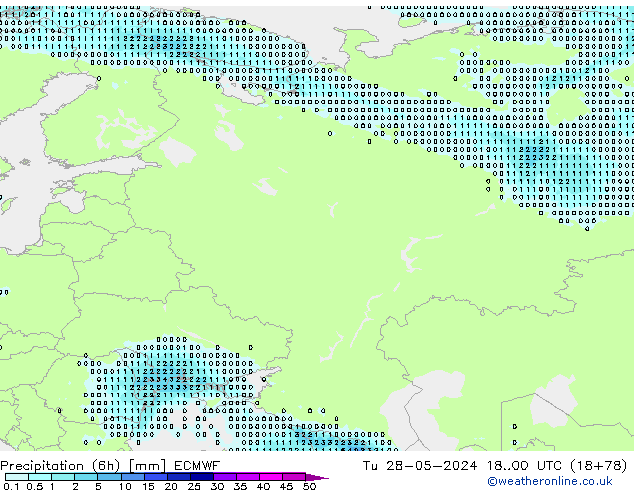 Totale neerslag (6h) ECMWF di 28.05.2024 00 UTC
