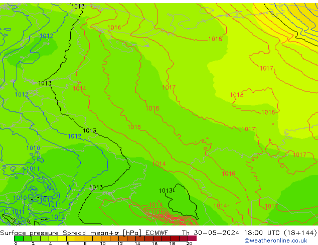 Atmosférický tlak Spread ECMWF Čt 30.05.2024 18 UTC