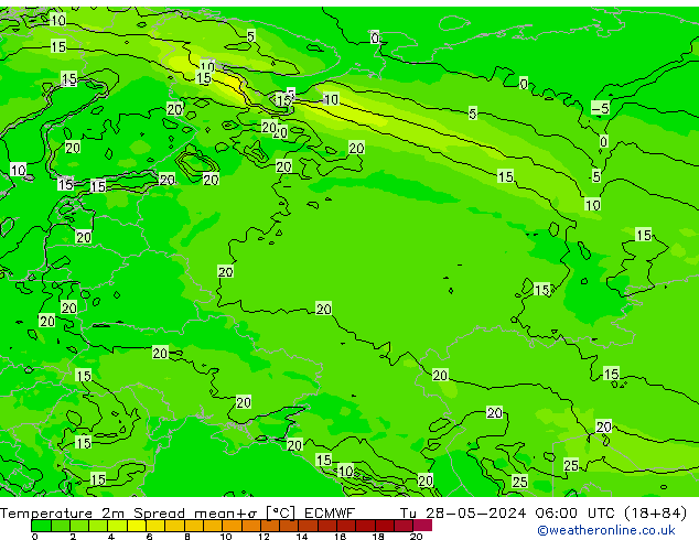 Temperature 2m Spread ECMWF Tu 28.05.2024 06 UTC