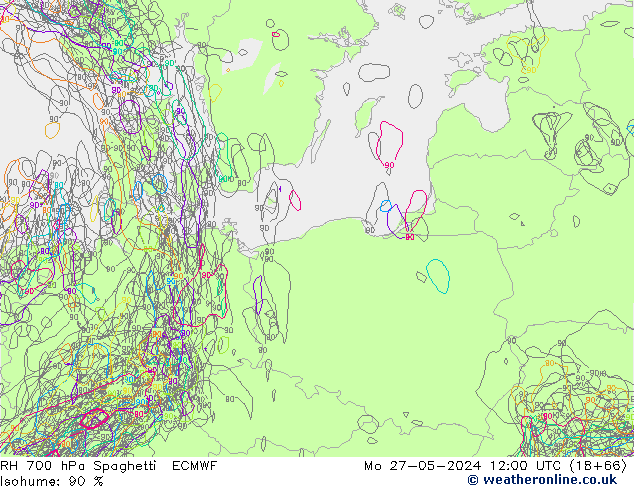 RH 700 hPa Spaghetti ECMWF Mo 27.05.2024 12 UTC