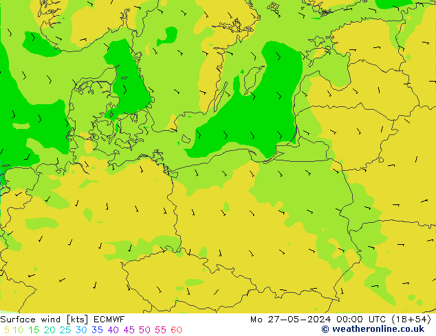 wiatr 10 m ECMWF pon. 27.05.2024 00 UTC