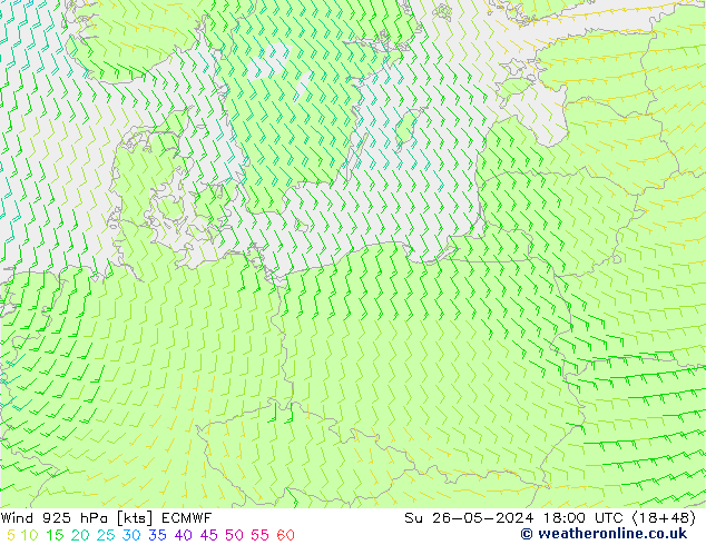 Wind 925 hPa ECMWF Su 26.05.2024 18 UTC