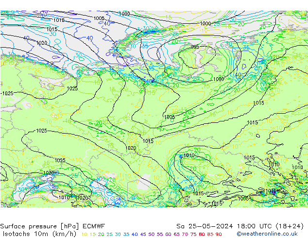 Isotachs (kph) ECMWF So 25.05.2024 18 UTC