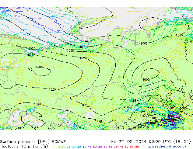 Isotachs (kph) ECMWF Po 27.05.2024 00 UTC