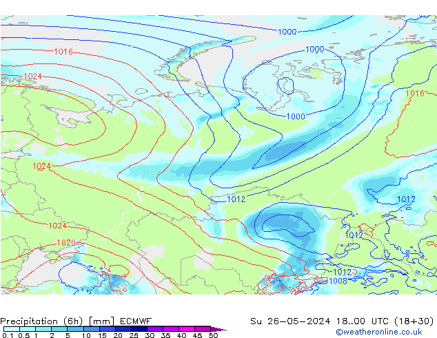 Precipitation (6h) ECMWF Su 26.05.2024 00 UTC