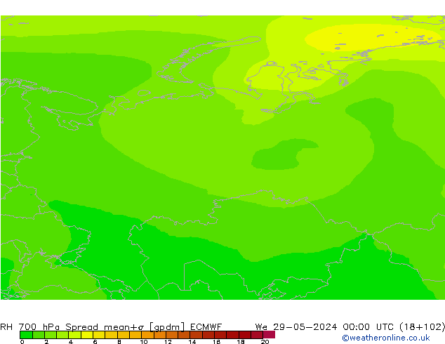 Humedad rel. 700hPa Spread ECMWF mié 29.05.2024 00 UTC