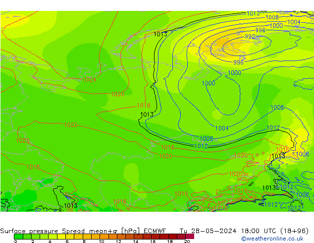 Luchtdruk op zeeniveau Spread ECMWF di 28.05.2024 18 UTC