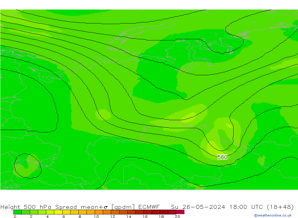 Height 500 гПа Spread ECMWF Вс 26.05.2024 18 UTC