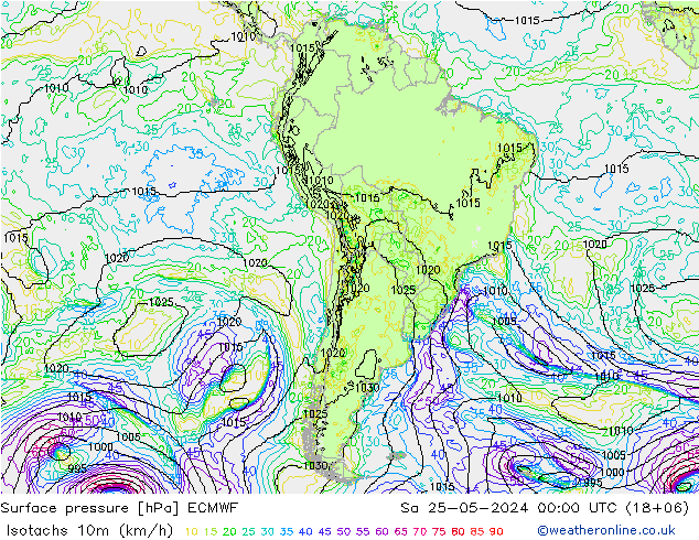 Isotachs (kph) ECMWF Sa 25.05.2024 00 UTC