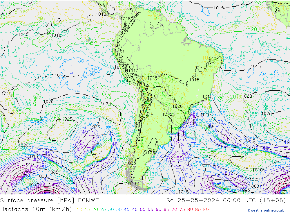 Isotachen (km/h) ECMWF Sa 25.05.2024 00 UTC