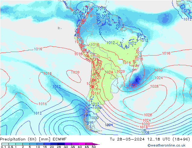 Précipitation (6h) ECMWF mar 28.05.2024 18 UTC