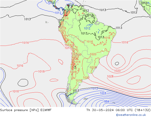 pressão do solo ECMWF Qui 30.05.2024 06 UTC