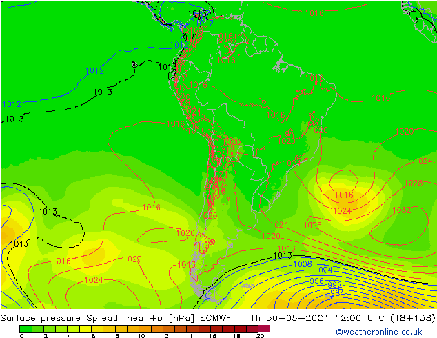 Surface pressure Spread ECMWF Th 30.05.2024 12 UTC