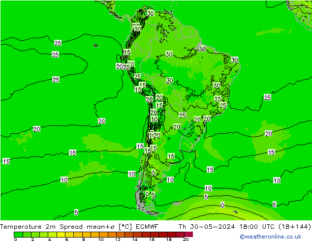 Temperatuurkaart Spread ECMWF do 30.05.2024 18 UTC