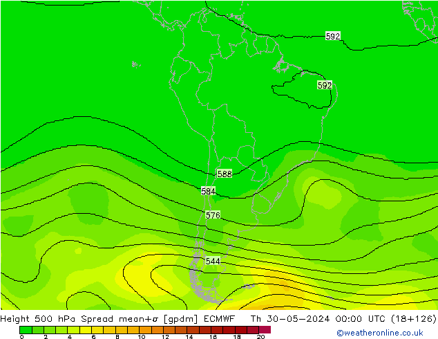 Height 500 hPa Spread ECMWF Th 30.05.2024 00 UTC