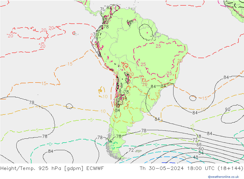 Hoogte/Temp. 925 hPa ECMWF do 30.05.2024 18 UTC