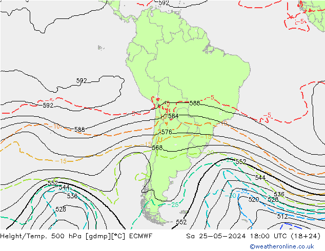 Hoogte/Temp. 500 hPa ECMWF za 25.05.2024 18 UTC