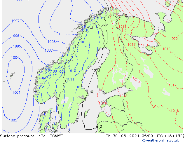 Pressione al suolo ECMWF gio 30.05.2024 06 UTC